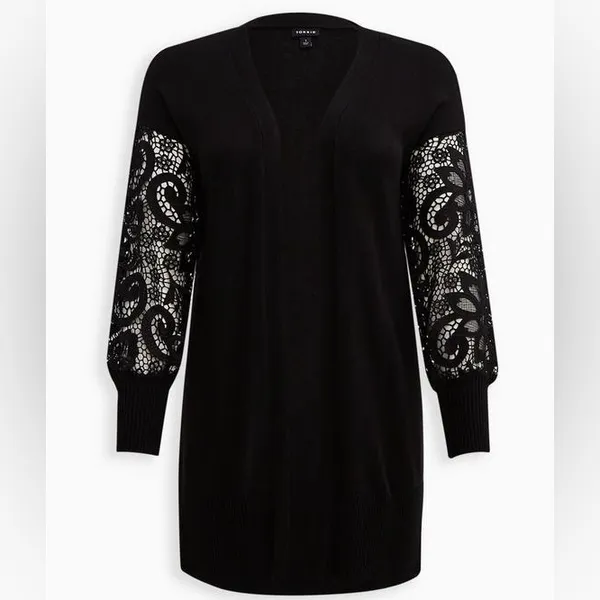Torrid Black Eyelet Lace Balloon Sleeve Open Sweater Cardigan - size 1 - Image 11