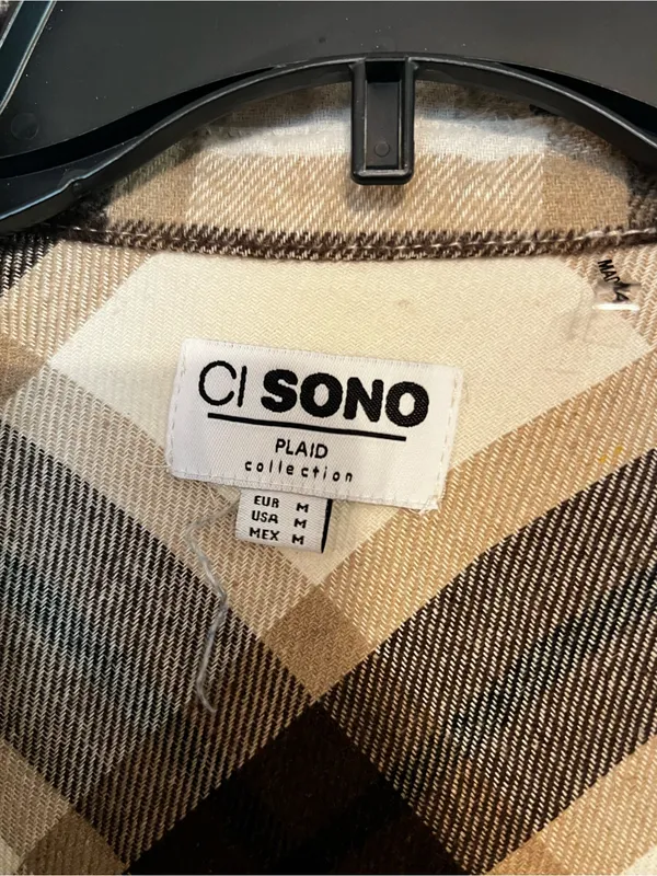 Ci Sono Cropped Plaid Shacket in Cream & Brown - Image 3
