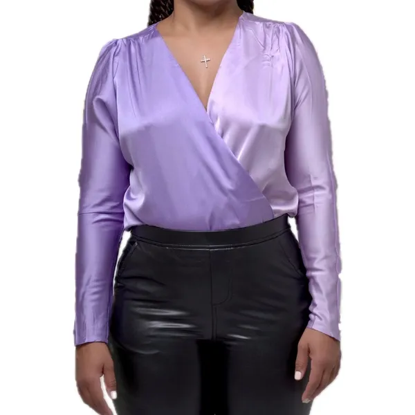 New Strut & Bolt Two Tone Satin Faux Wrap Long Sleeve Bodysuit Purple Size Large - Image 2