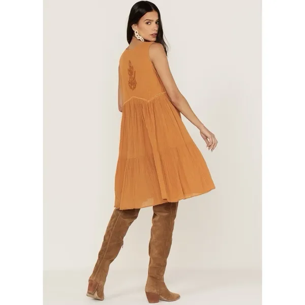 Talisman Athena Embroidered Mini Dress Large Mustard Yellow Boho Tiered Festival - Image 4