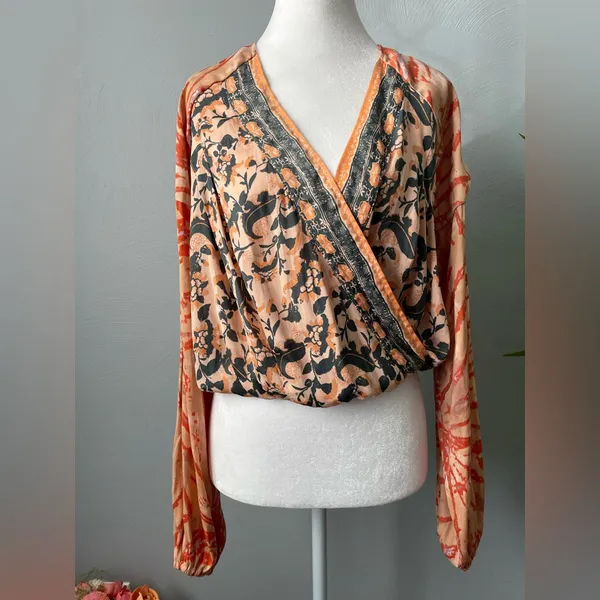 Free People FP One Sunrise Coral Boho Floral Wrap Top - Image 2