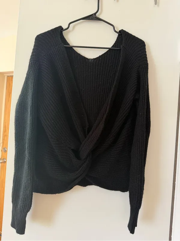 Black V-Neck Ribbed Knit Women's Sweater - Image 2