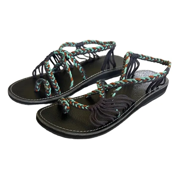 Plaka Palm Leaf Flat Sandals Womens 8 Braided Strappy Turquoise Grey Toe‎ Loop Blue - Image 2