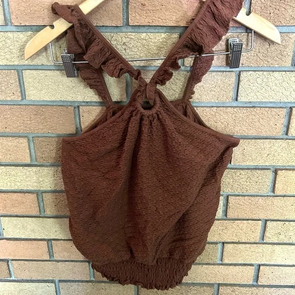 Anthropologie Marisol Ruffled Halter Top‎ Textured Brown Medium Summer Stretchy - Image 3