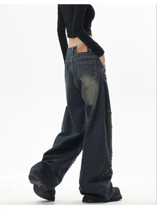 NEW Street Fashion Loose Jeans Y2k Rivet Star Gothic Loose Denim XS - Image 8