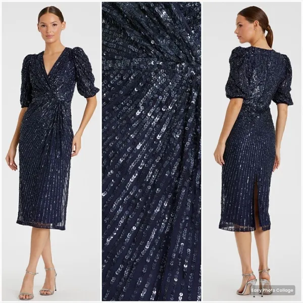Mac Duggal 5578 Womens Sequined V Neck Short Puff Sleeve Midi Dress - Image 2
