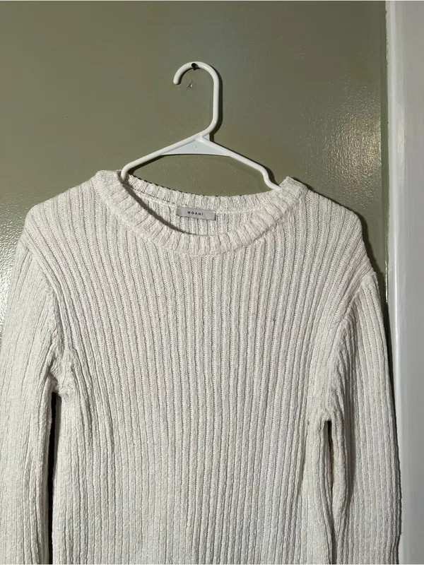 Moani Women's Size F Crewneck Sweater White Ribbed Merino Wool Cashmere Blend - Image 2