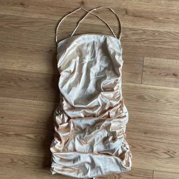 NWT Oh Polly Midnight Seduction Ruched Backless Satin Mini Dress Beige US 2 - Image 4