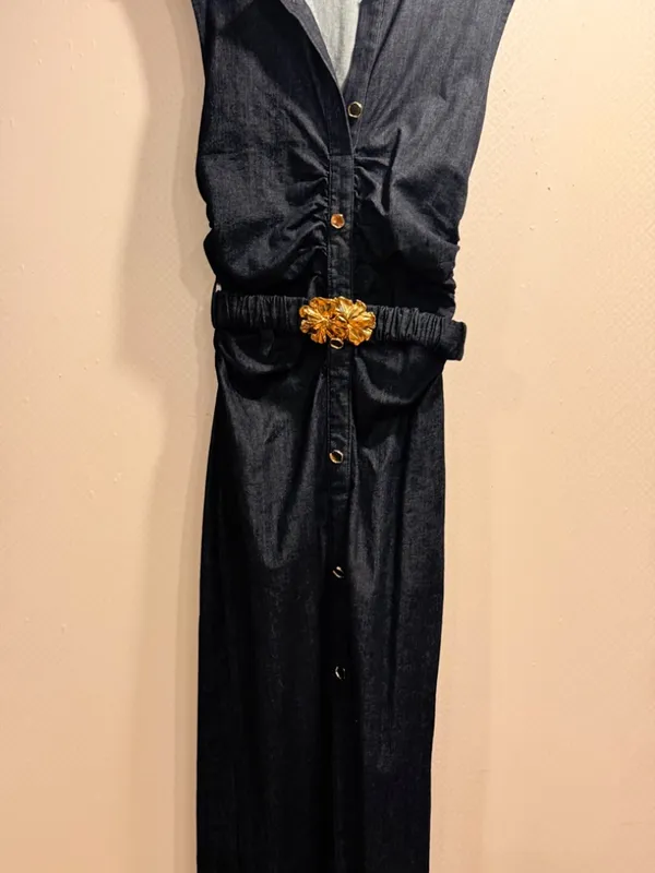 NWOT Zara Navy Blue Denim Button Front Sleeveless Midi Shirt Dress Gold Belt S - Image 5