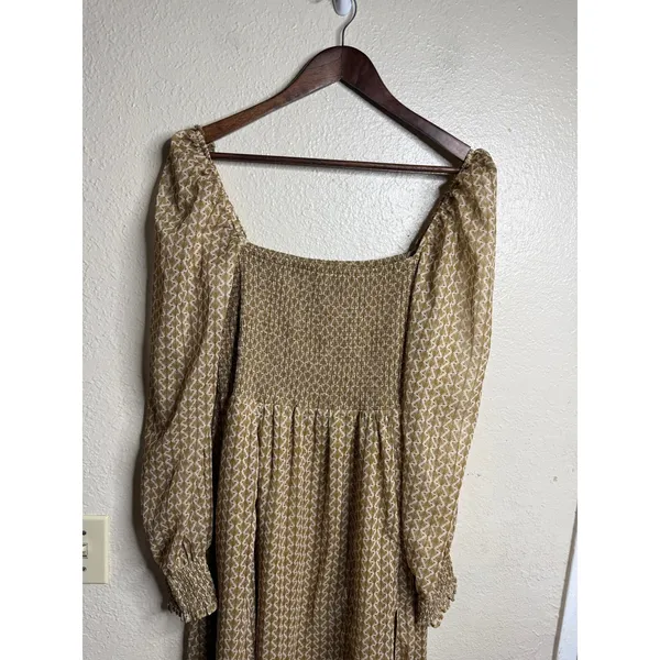 O.P.T Classic Smocked maxi Dress size XL Gold Metallic Square Neck Smocked - Image 4