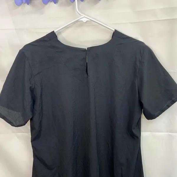 Vintage women's black scoop‎ neck short sleeve casual modest kurta slit dress L - Image 5