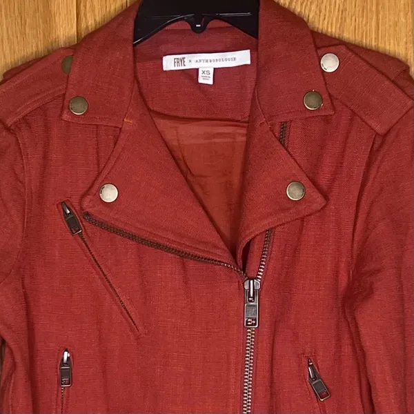 FRYE x Anthropologie Cropped Vita Cotton Moto Jacket in Burnt Cedar‎ Size XS - Image 8