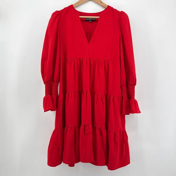 Pomander Place Red Crepe Kenzo Dress Tuckernuck Tiered Smocked Cuff Medium‎ - Image 3