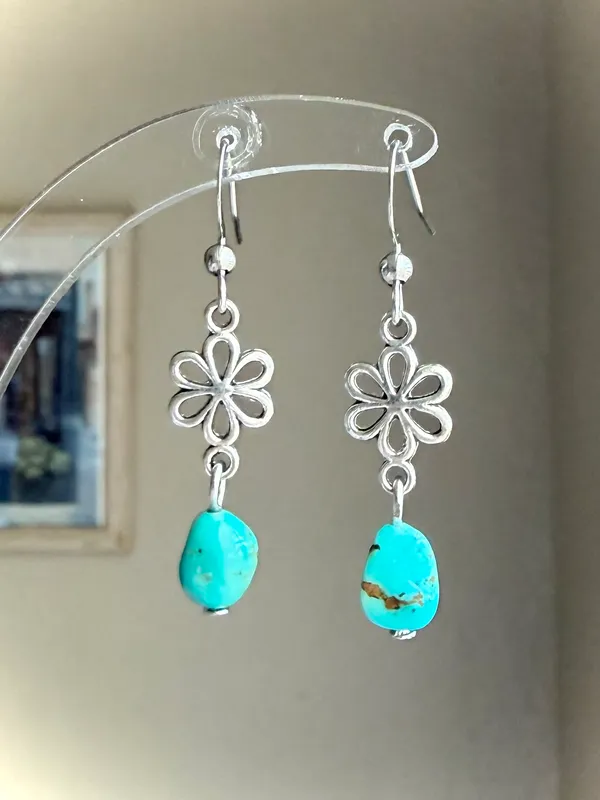 Handmade retro y2k fairy boho style flower turquoise dangle earrings🌀 - Image 2