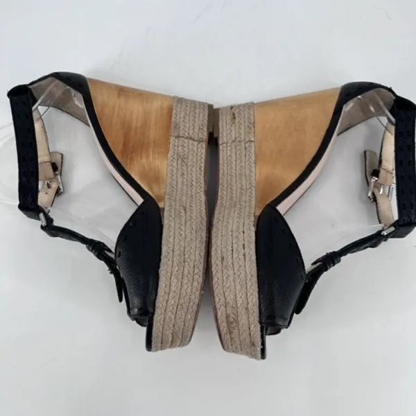 Coach Gala Black Leather Wedges Espadrille Wood Size 10 Peep toe T Strap Sandals - Image 3