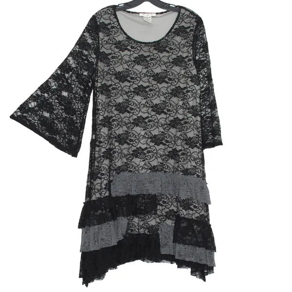 Dress Floral Lace Whimsigoth Witchy Bell Sleeve Ruffle Tiered Black Gray Medium‎ - Image 2