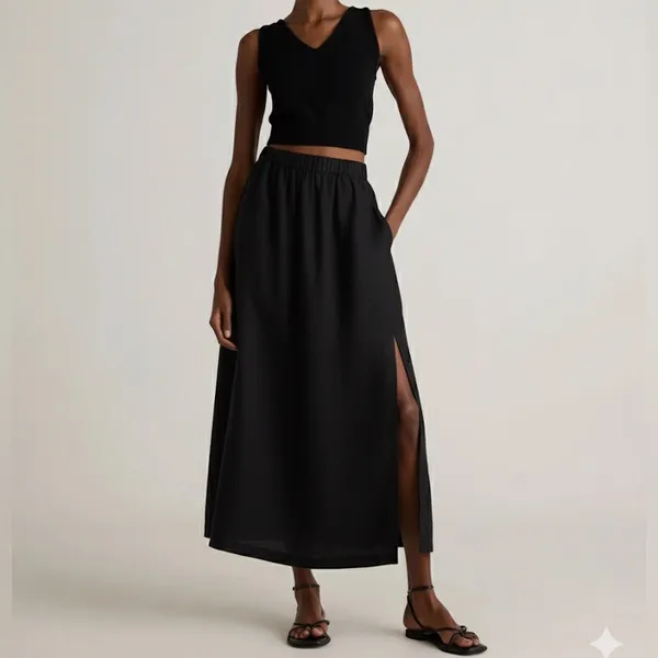 NWOT Quince 100% European Linen Black Side Slit Maxi Skirt Sz L - Image 2
