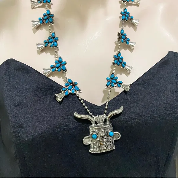 Vintage Kachina Mask Faux Turquoise Southwestern Style Squash Blossom Necklace - Image 3