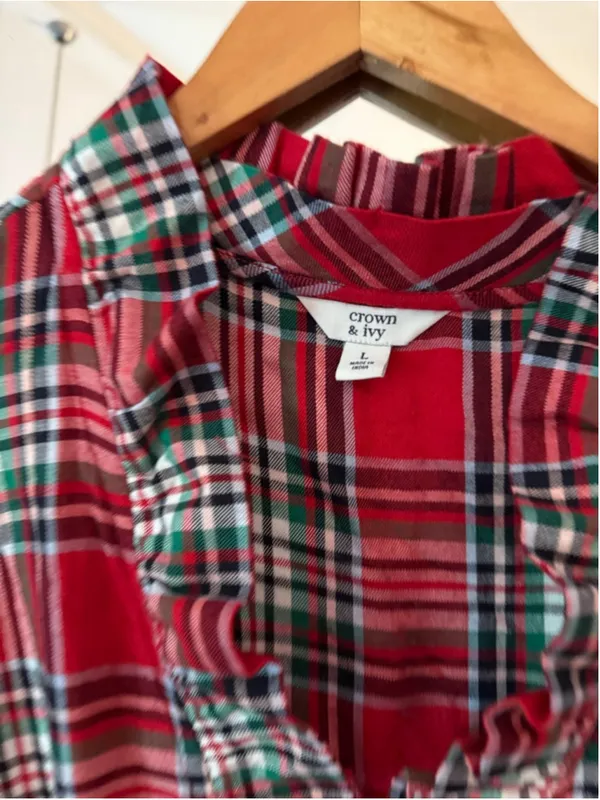 Women's Crown & Ivy Red Green Plaid Long Sleeve Dress L - Image 3