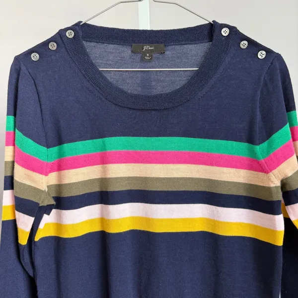 J Crew Merino Wool Academia Office Siren Preppy‎ Button Striped Sweater S Blue - Image 2