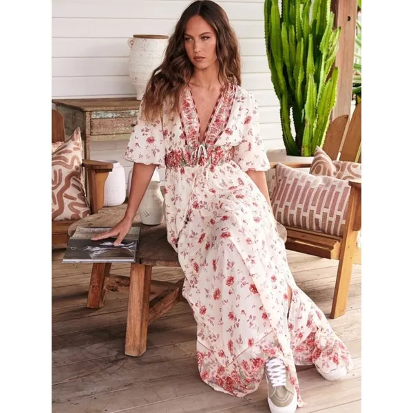 Free People Lysette Maxi Dress in Tea Combo Small Bohemian Gypsy Indian Cotton - Image 7