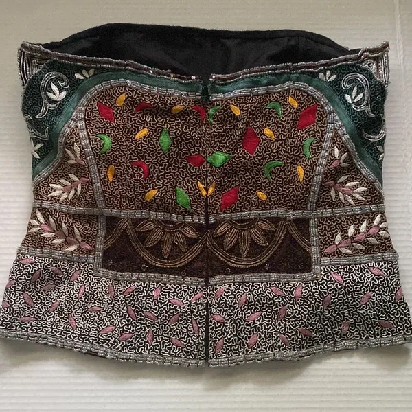Aftershock Y2K vintage silk beaded embroidered strapless boho top, size large - Image 2