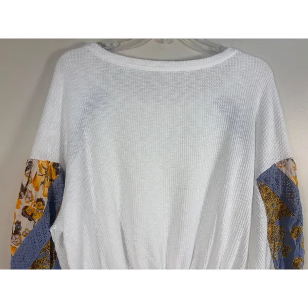 Free People Waffle knit Top XS White Excellent Mixed Media Floral Balloon Sleeve - Image 9