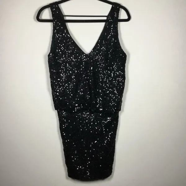 Astr Black All Over Sequin Glam Club Party‎ Concert Deep V Mini Dress S/M - Image 4