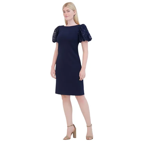 NWT Eliza J Sequined Puff-Sleeve Boat-Neck Sheath Dress EJ4M3056 Navy Blue 2 - Image 3