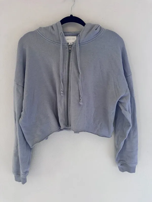 American Eagle Size S Women's Full-Zip Cropped Hoodie in Dusty Blue - Image 2