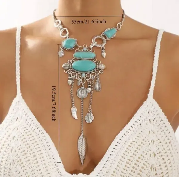 Boho Turquoise Necklace Pendant with Tassel Metal Feather - Image 4
