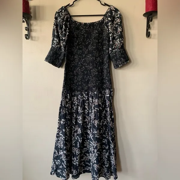 Zara Penny Ruched Black Floral Linen Blend Boho Puff Midi Dress Size Small - Image 3