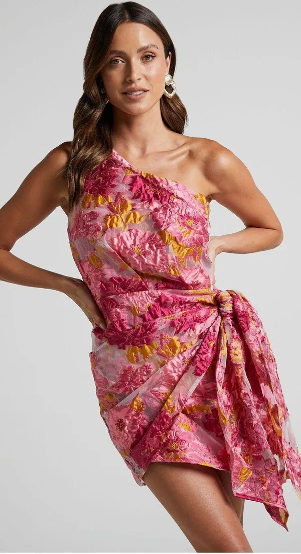 Showpo Pink and Orange wrap mini dress one shoulder - Image 2