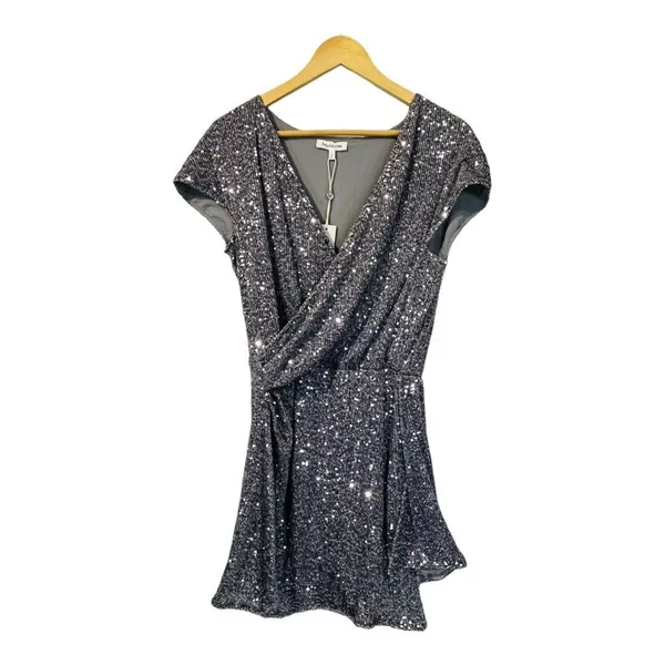 Heartloom‎ Sequin Mini Dress Women Large Silver Wrap V-Neck Cap Sleeve Party New - Image 2