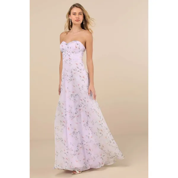 NWT Lulus Chic Preciousness Lavender Floral Organza Bustier Maxi Dress Gala XS - Image 8