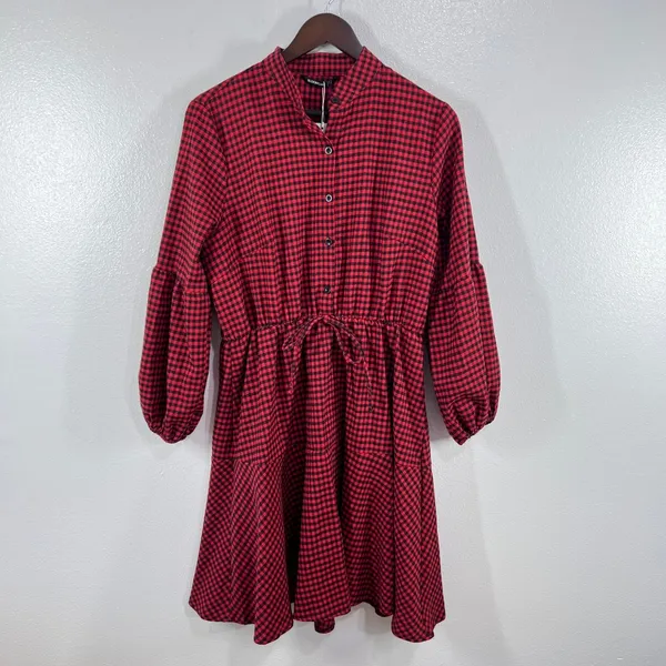 BloomChic Red Gingham Plaid Button Front Mini‎ Dress Women 12/UK 16 Peplum Waist - Image 2
