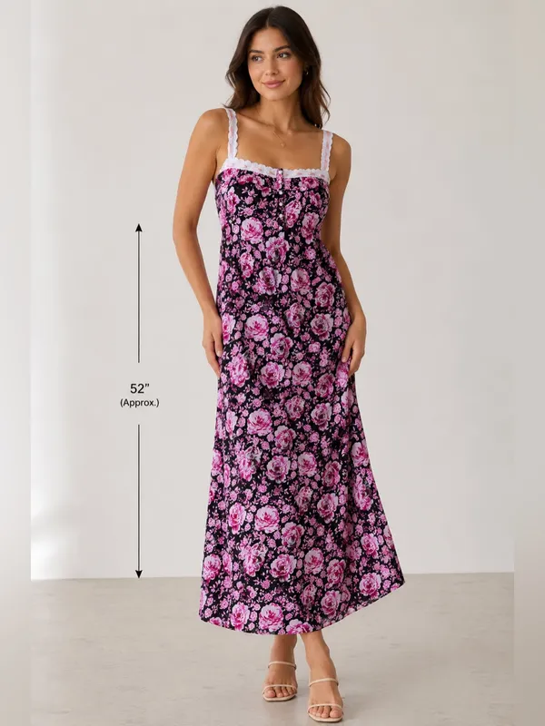 Y2K Cottagecore Floral Lace Trim Pink Rose Print Button Front Nightgown - Image 5