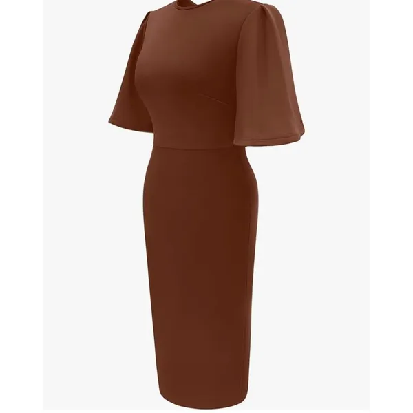 NEW Bodycon Ruffle Flared Short Sleeve Pencil Midi Dress L - Image 2