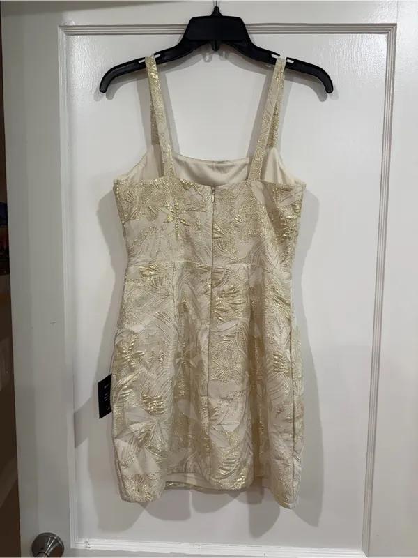 Lulu's Cream and Gold Floral Brocade Mini Dress perfect for birthday or party - Image 3