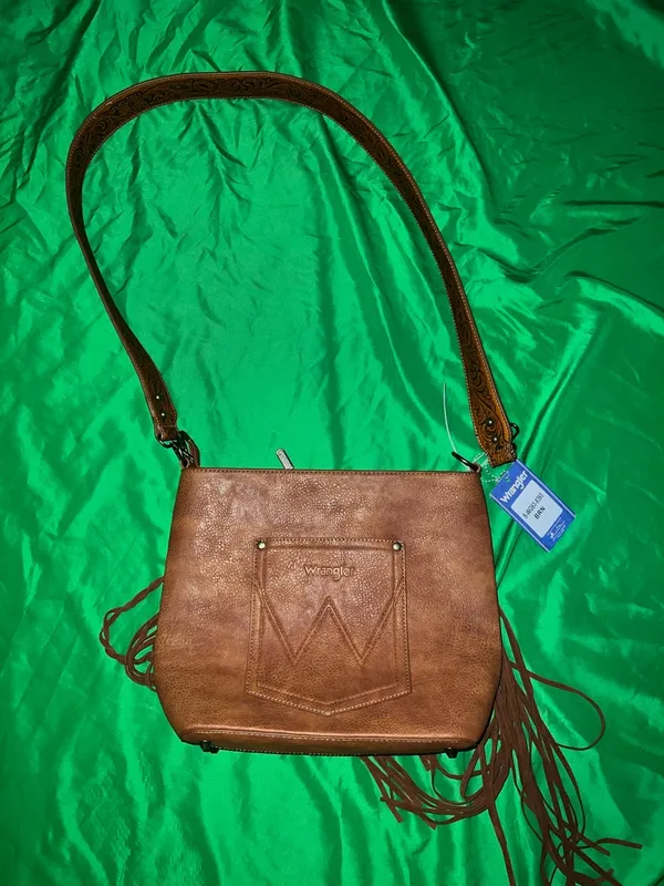 NWT Wrangler Brown Fringe Crossbody with Embossed Floral Panel Western Feel - Image 2