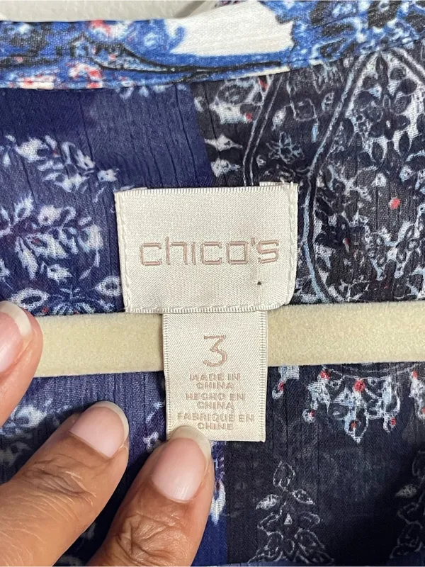 CHICO'S | Mixed Print Patchwork Semi-Sheer Button-Down Tie Front Blouse Sz XL - Image 8