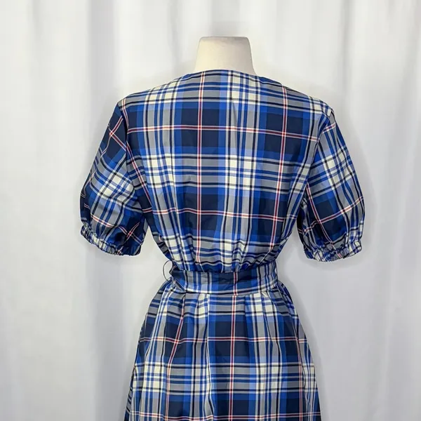 ZARA‎ Blue Plaid Taffeta Dress Belted Tie Waist Midi Buttondown Preppy Small - Image 11
