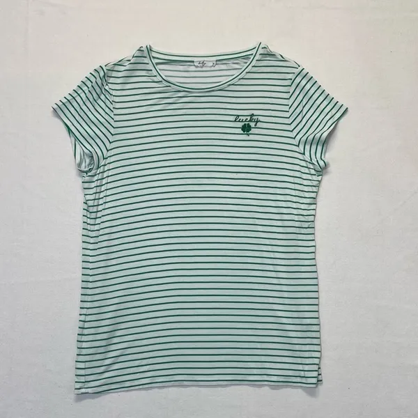 Kelly Green & White Striped Lucky Embroidered Tee Women’s Size Medium - Image 8