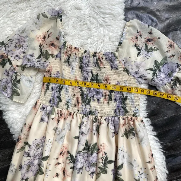 Shein Cream Maxi Dress Purple Green Floral Smocked Waist Ruffle Sleeves - Image 6