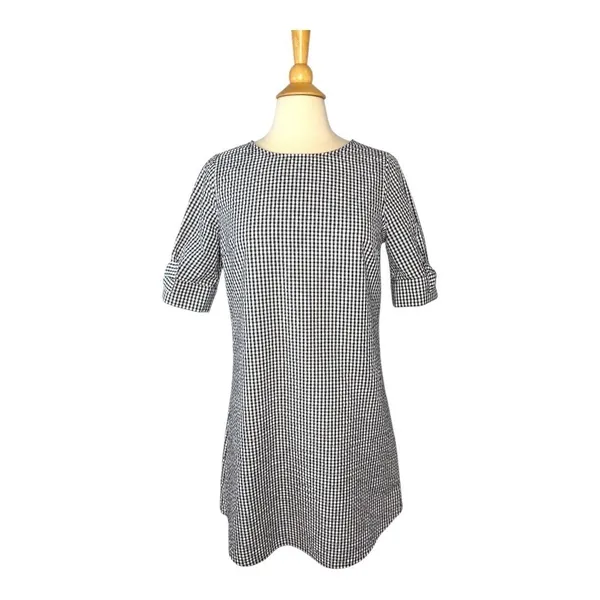 Crown & Ivy Gingham Shift Dress Womens Small‎ Black White Bow Sleeve Tunic Mini - Image 2