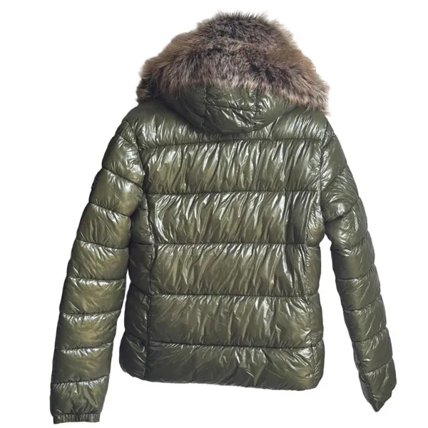 Superdry Code Sportswear High Shine Puffer Jacket Faux Fur Hood Olive Green S/10 - Image 4
