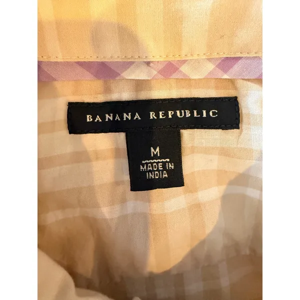 Banana Republic Button Down Shirt Women Medium Tan Plaid Cotton Top Preppy - Image 8