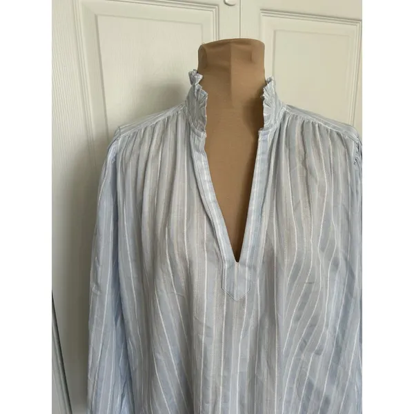 Madewell $98 Ruffled Popover Long Sleeve Top Stripe Blue Cotton Blouse Size M - Image 6