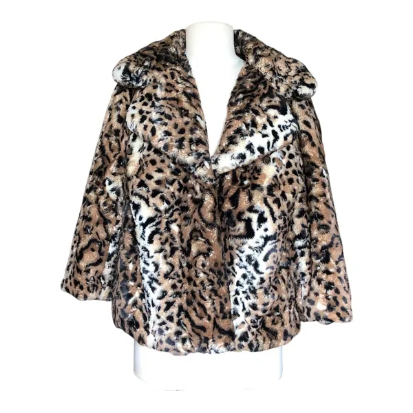 Chaus Leopard Faux Fur Coat Women’s Medium Animal Print Snap Front Jacket - Image 2