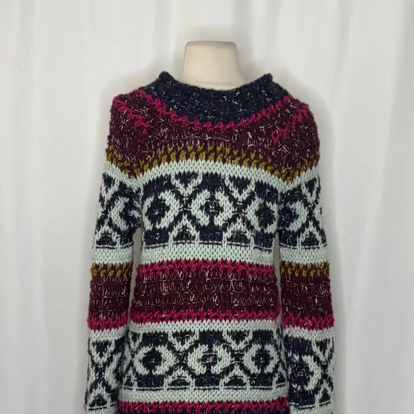 FREE PEOPLE Silver Reed Chunky Knit Fairisle Fair Isle Sweater Wool Linen Small - Image 12